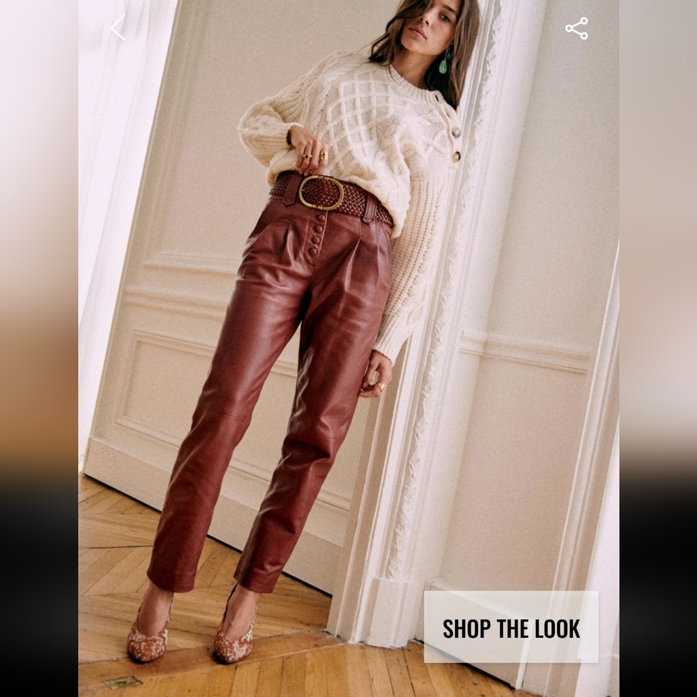 Sezane Tonio Burgundy Lamb Leather Trousers